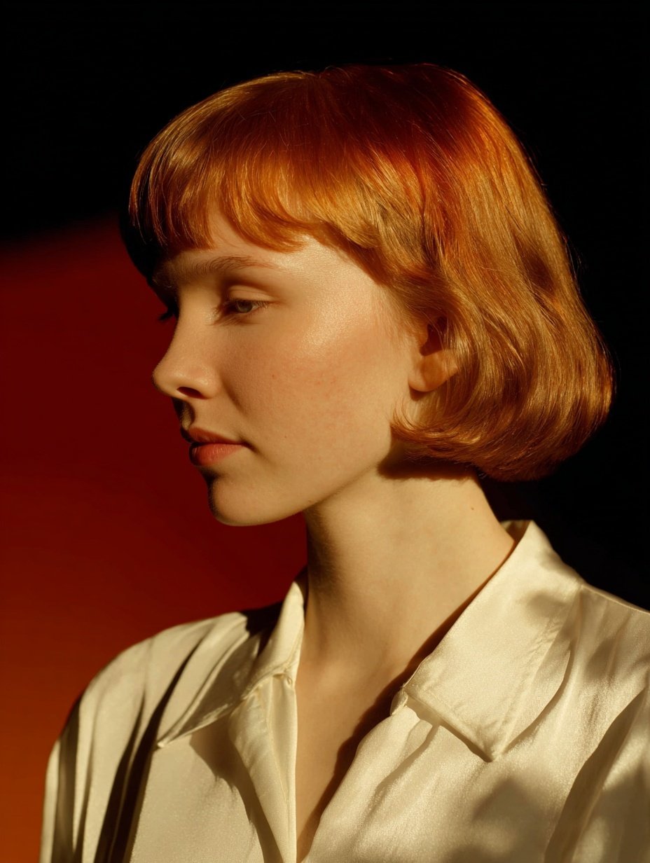 Profile of a woman with orange hair in a white silk shirt under warm dramatic lighting.