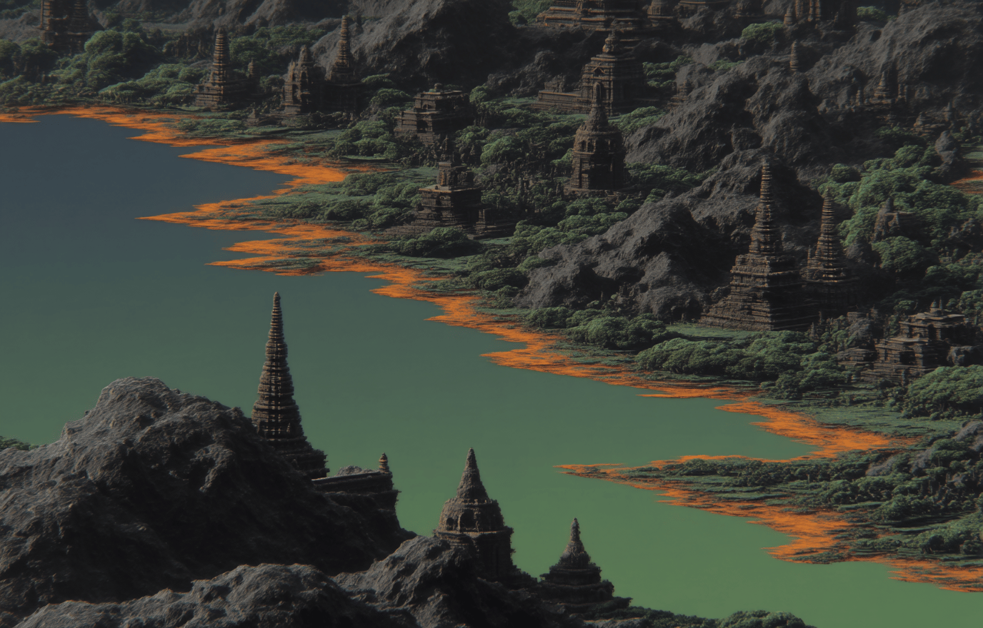 Ancient stone pagodas line a neon green river with orange banks nestled between dark, rocky, forested hills.
