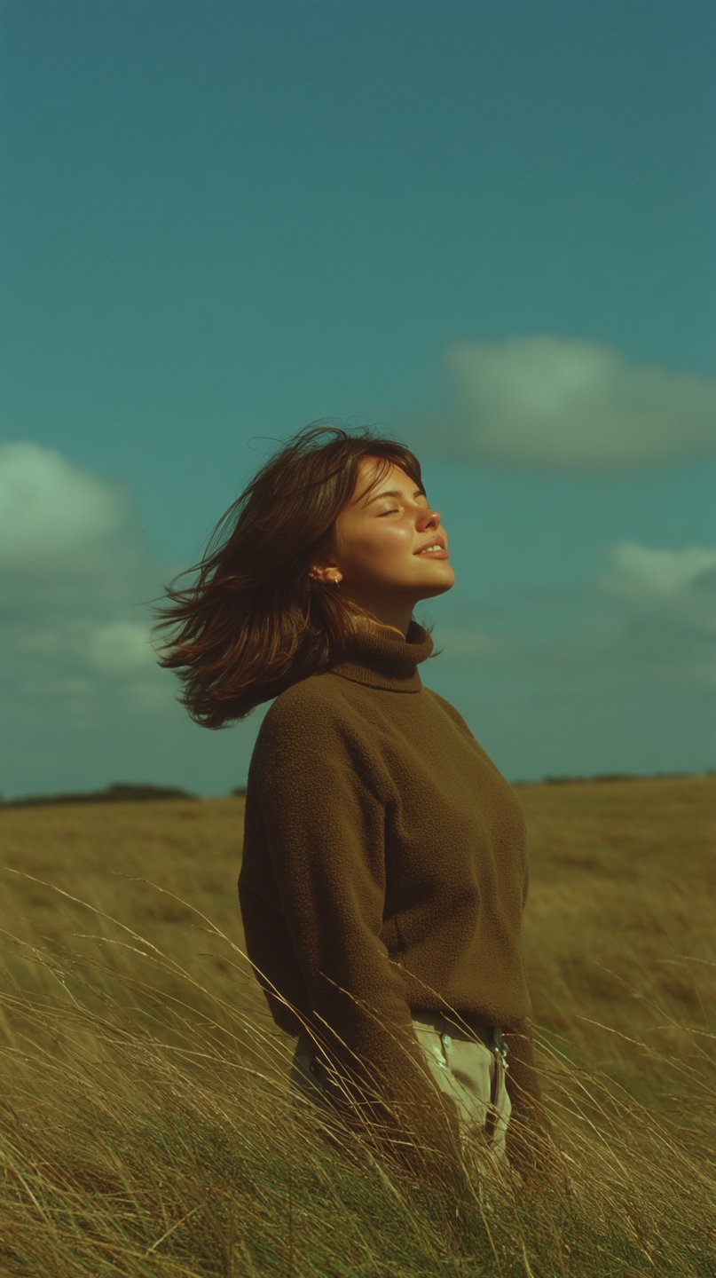 Woman in brown sweater closes her eyes and smiles while standing in a wind-swept golden grass field.