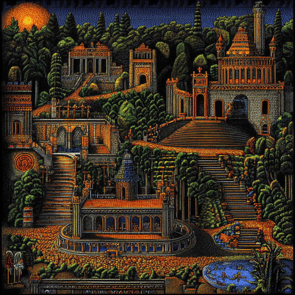 Vibrant pointillist illustration of a sprawling golden palace with grand stairs within a dense green forest.