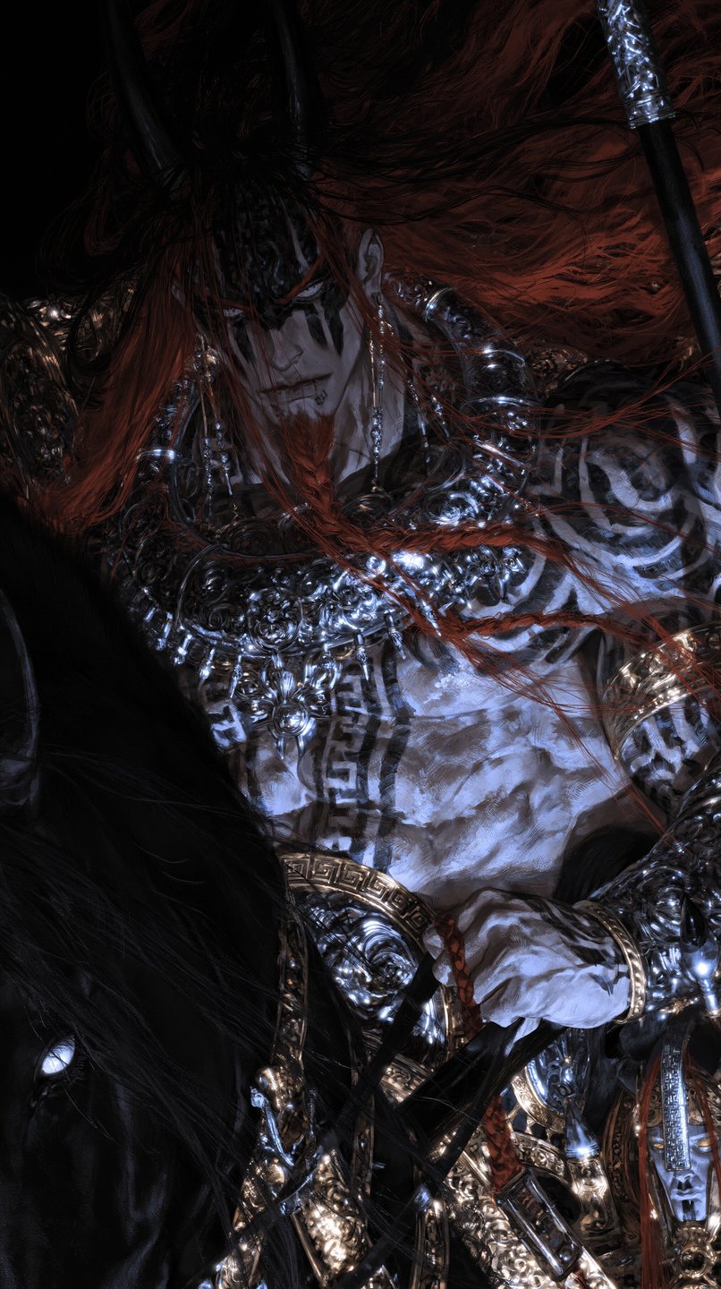 Horned dark fantasy warlord with long red hair and glowing eyes rides a black horse in ornate armor.