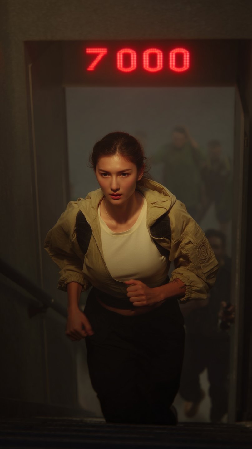 Woman in tactical gear runs up stairs under a glowing red 7000 sign in a smoky environment.