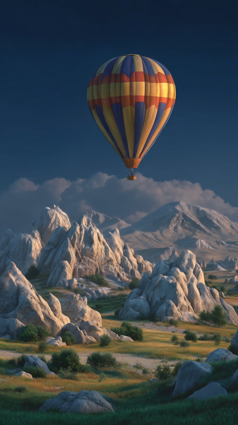 A yellow and blue hot air balloon floats above dramatic white rock spires and green valleys.