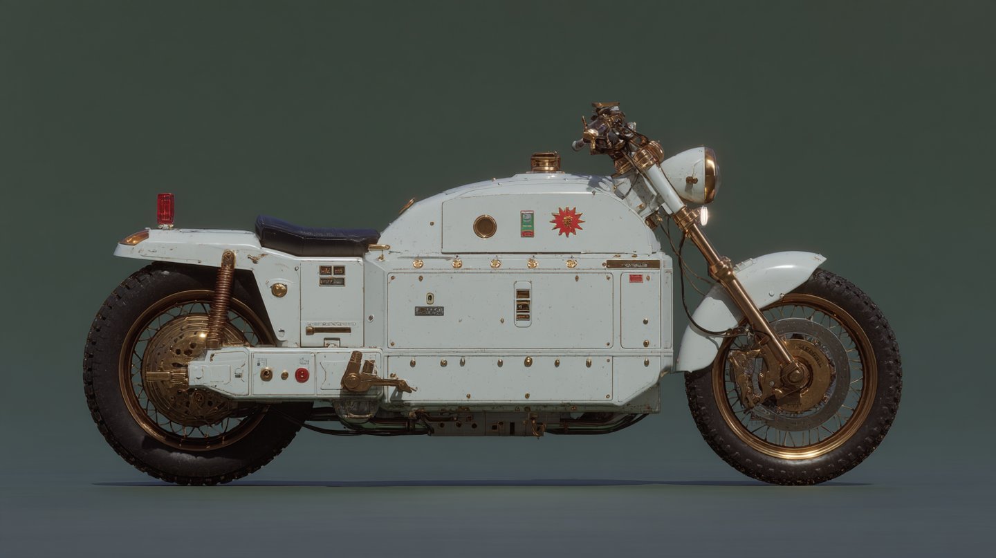 Profile view of a custom off-white motorcycle with gold brass mechanical details on a dark background.