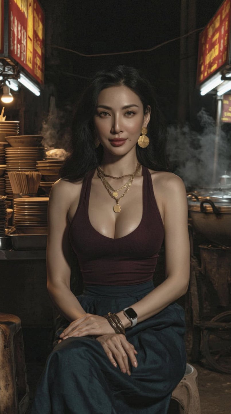 An elegant woman in a burgundy top sits poised at a steaming night street food stall.