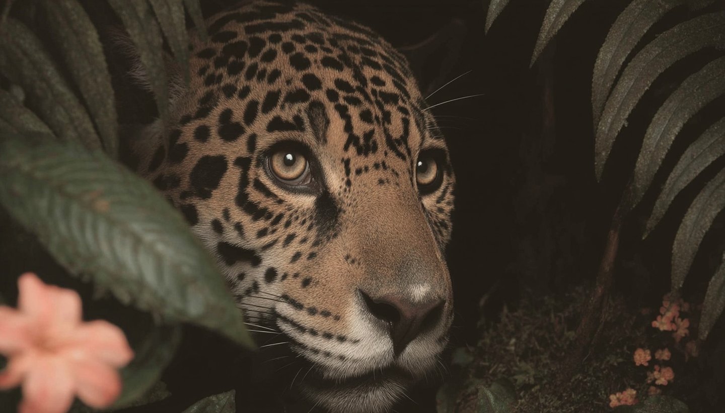 Close-up of a jaguar's face with amber eyes peering through dark green ferns and small pink flowers.