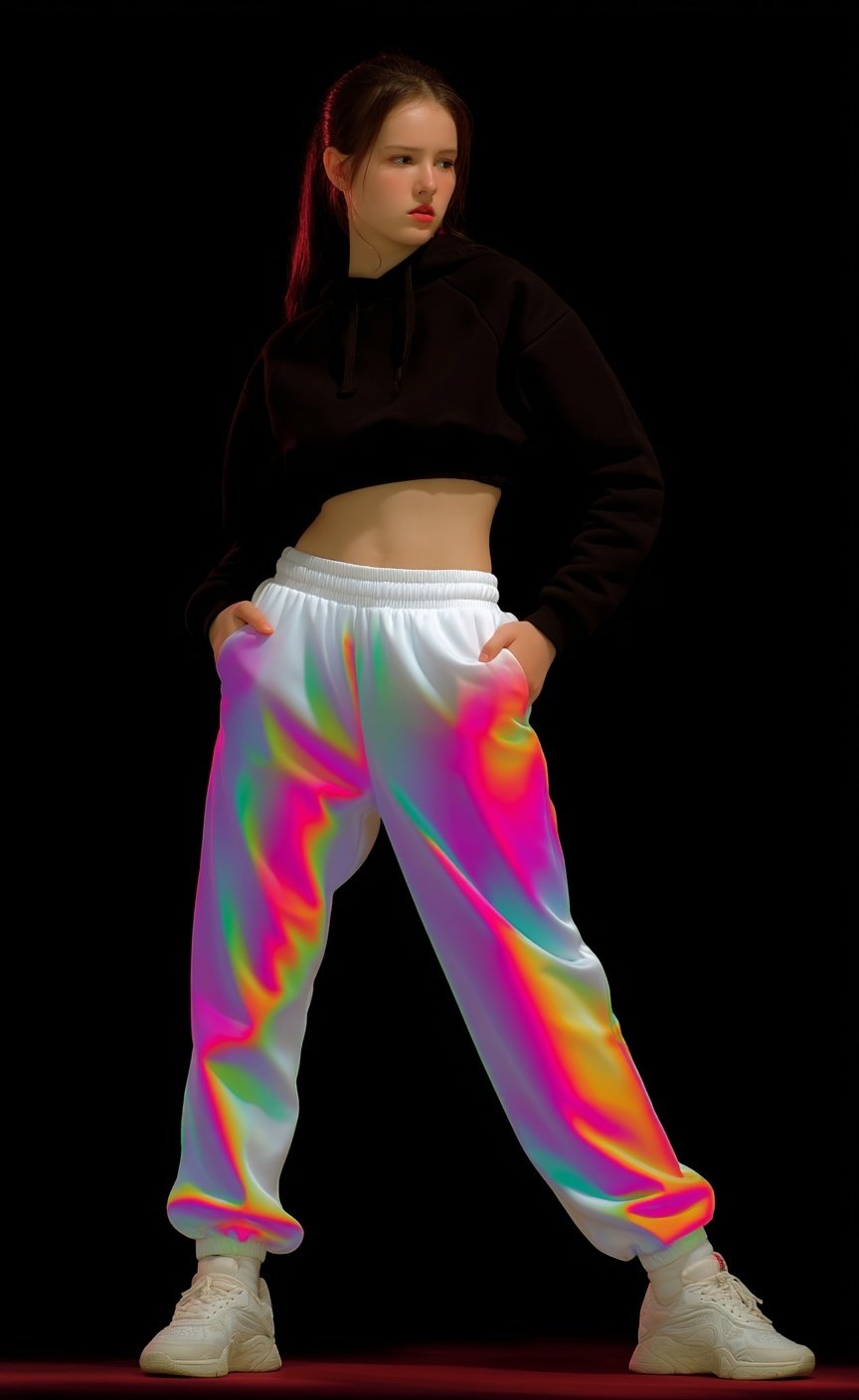 Young woman poses in iridescent holographic sweatpants and a black cropped hoodie against a solid black background.
