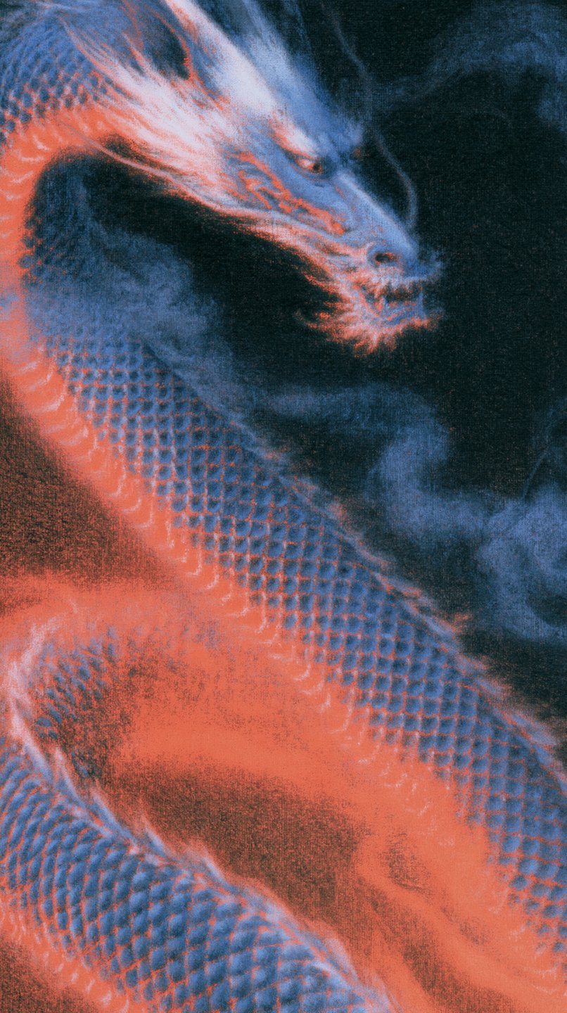 Glowing blue and orange celestial dragon coiling through dark, textured mystical smoke in a traditional style.