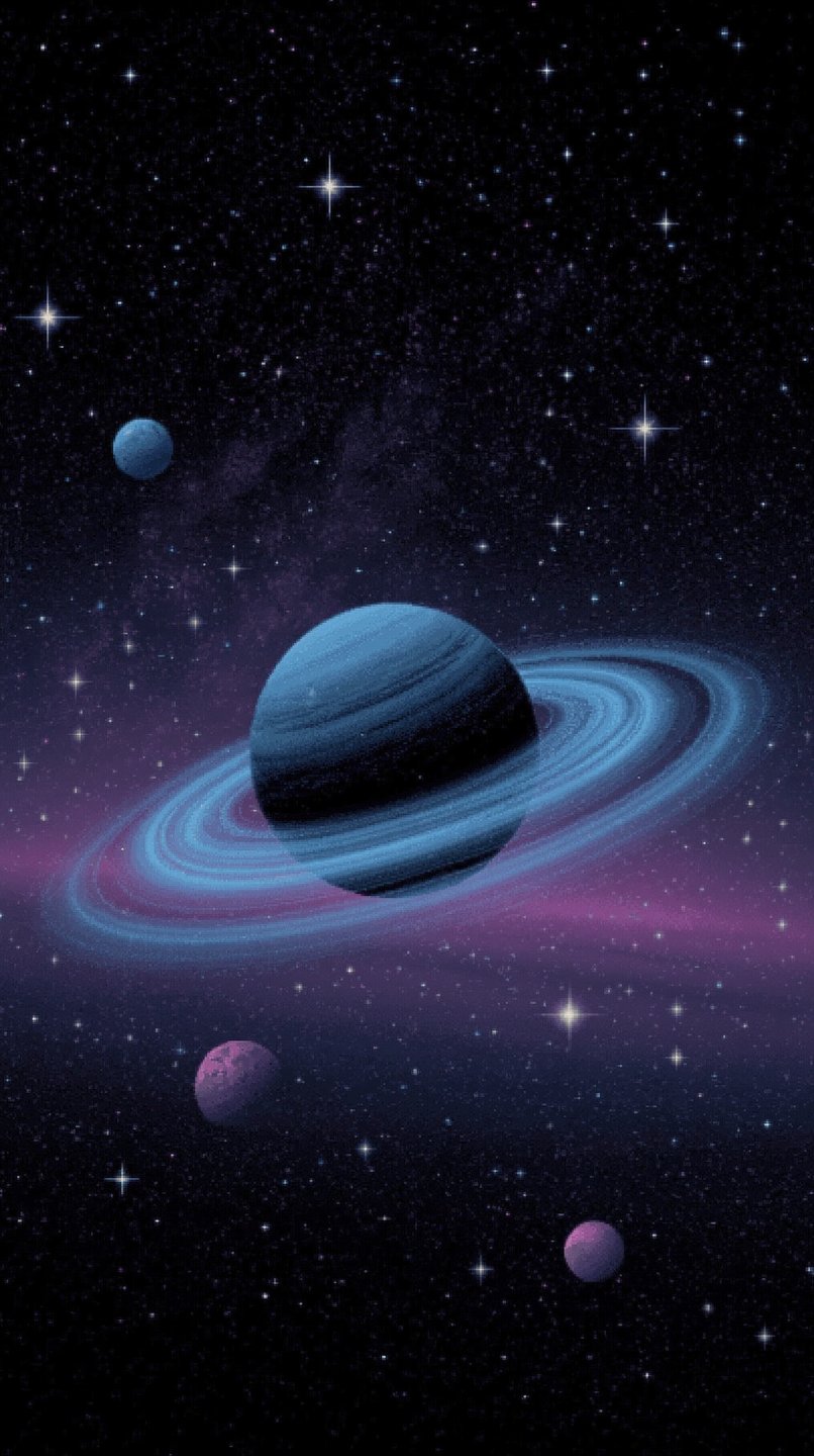 Blue ringed planet surrounded by three small moons in a starry pixel art deep space background.