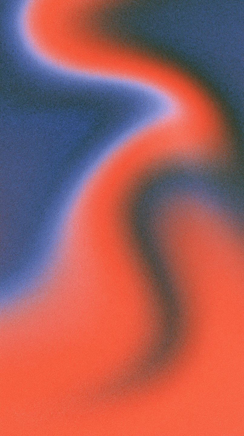 Vibrant orange and blue abstract gradient waves with a heavy, tactile film grain texture.