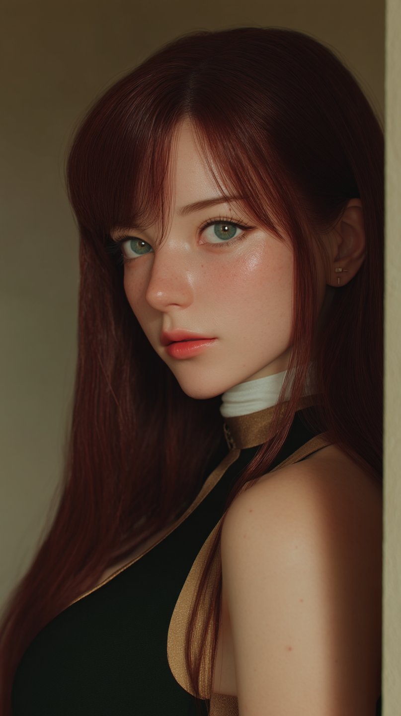 Young woman with auburn hair and green eyes gazes forward, wearing a black and gold bodice.