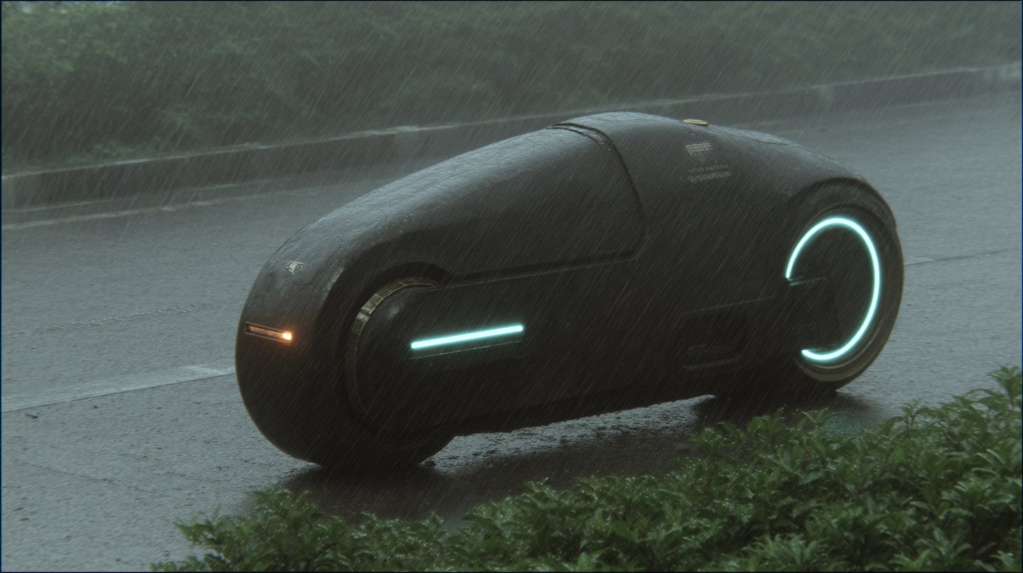 Sleek matte black futuristic motorcycle with cyan neon accents parked on a wet road during heavy rain.