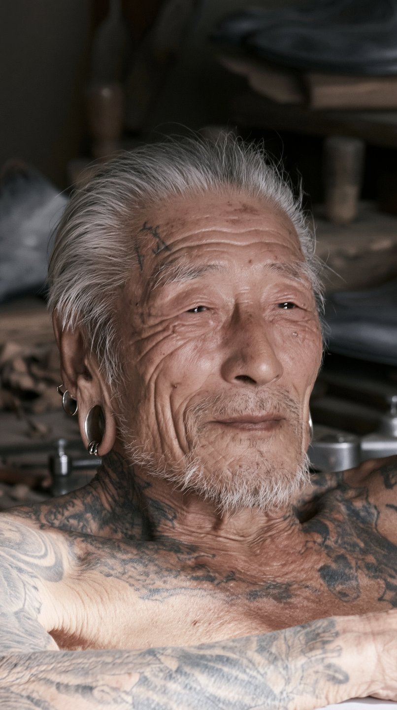 Close-up portrait of a tattooed elderly man with silver hair, stretched earlobes, and a serene expression.