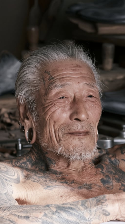 Close-up portrait of a tattooed elderly man with silver hair, stretched earlobes, and a serene expression.