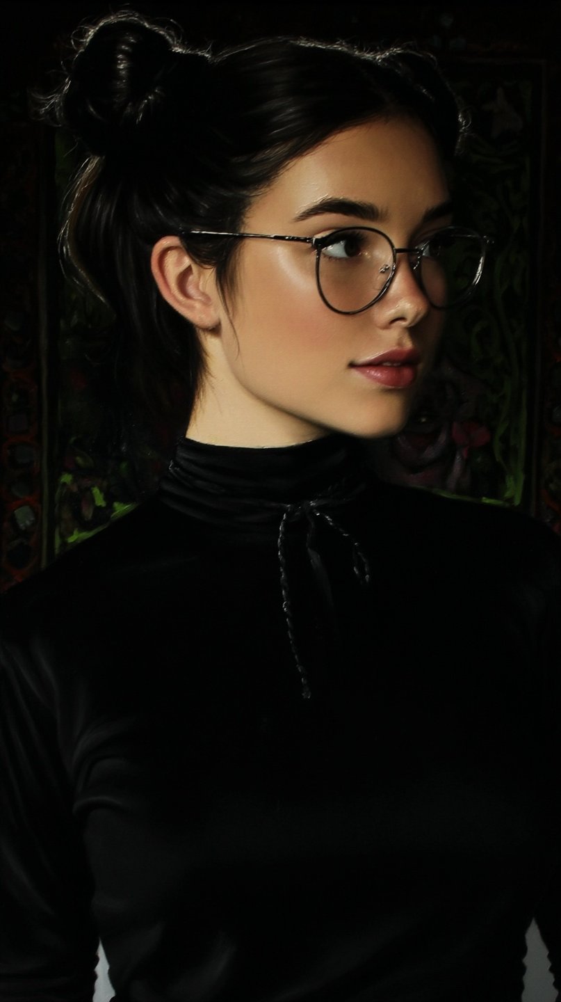 横顔の若い女性。黒髪を2つのお団子にまとめ、丸いワイヤーの眼鏡をかけ、リボンを結んだ黒いベルベットのタートルネックを着ている。片側から光が当たり、顔の半分は明るく、残りは影に沈む。背後には暗い模様のタペストリー。