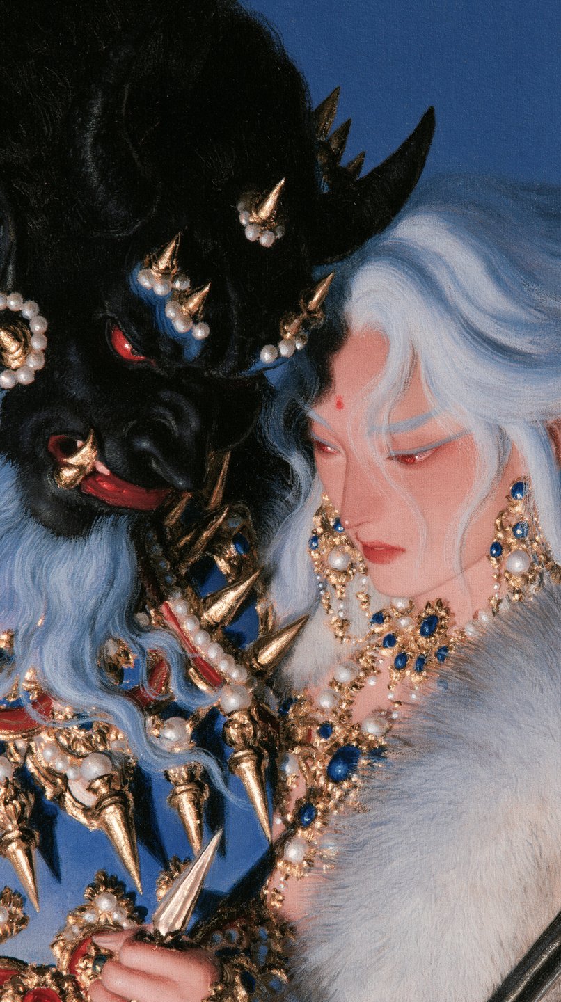 A dark-skinned horned oni stands close to a pale white-haired deity wearing ornate gold and sapphire jewelry.