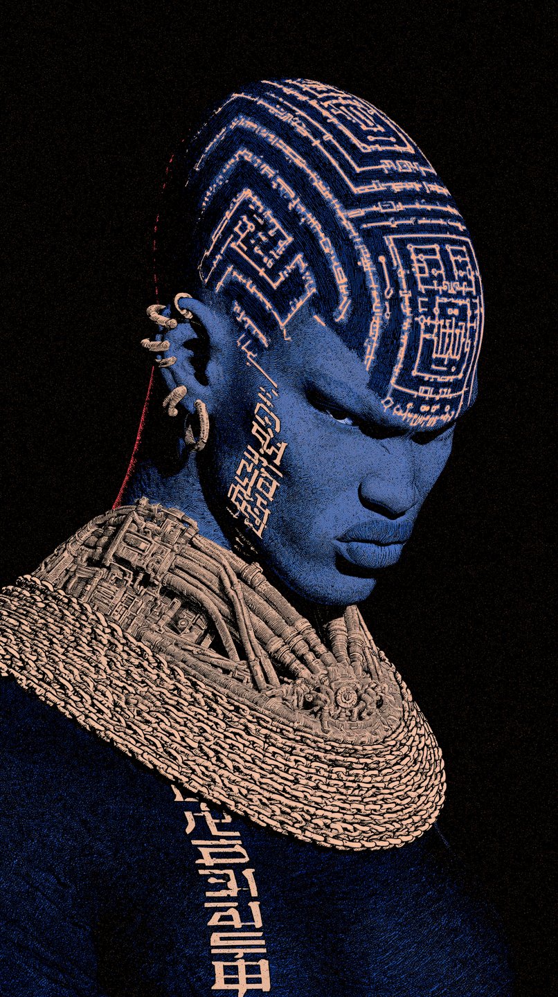 Blue-skinned cyborg with glowing head circuitry and a heavy woven collar against a black background.