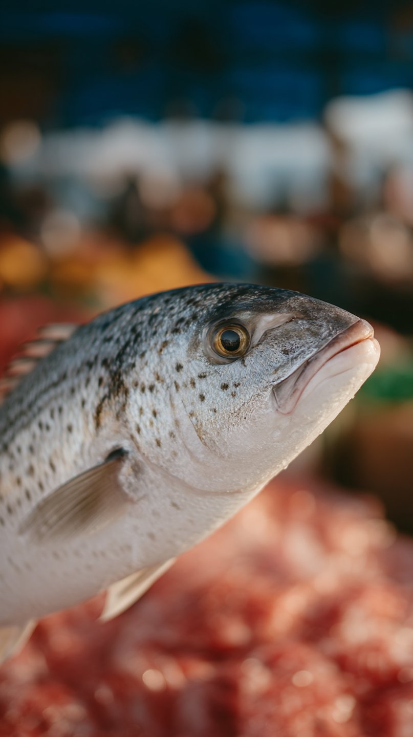 Close-up of a fresh speckled fish head showing detailed scales and golden eye in a blurred market.