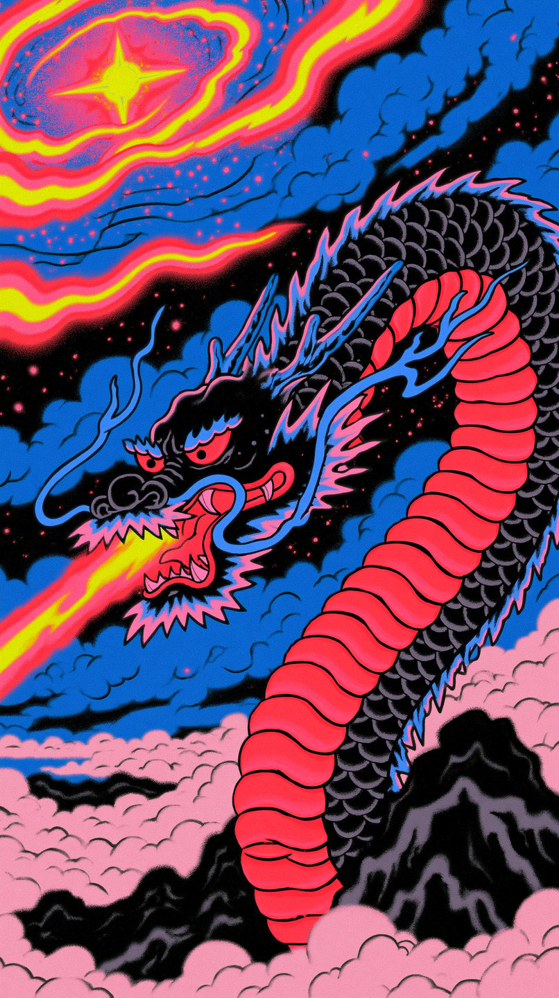 Stylized black and red dragon breathing a glowing beam toward a star amidst neon pink clouds.