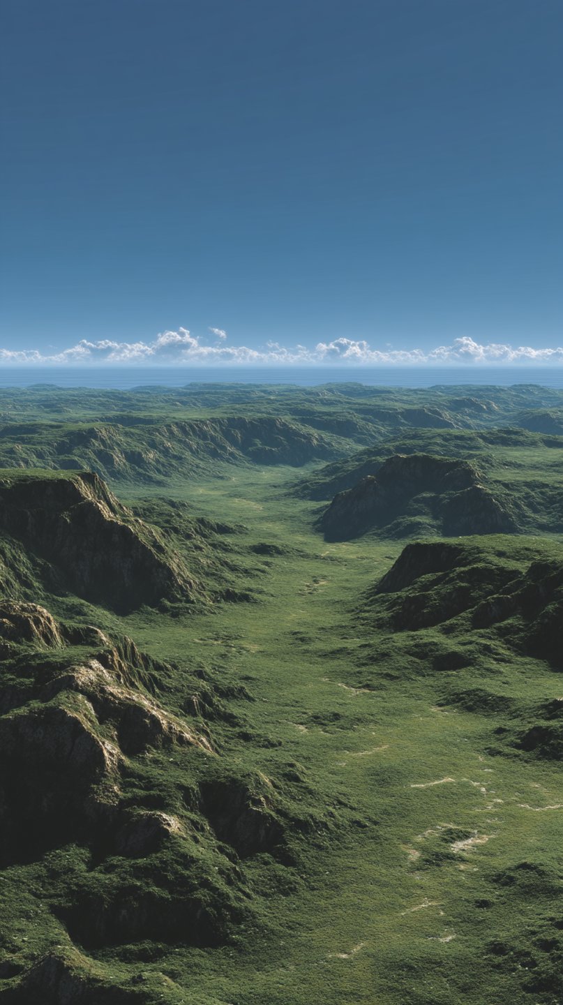 High-angle view of a lush green valley between rugged mountains leading toward a distant ocean horizon.