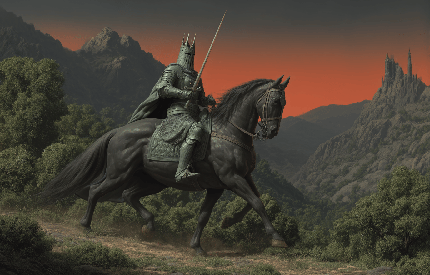 Armored knight with a spiked crown riding a black horse through mountains toward a distant gothic castle.