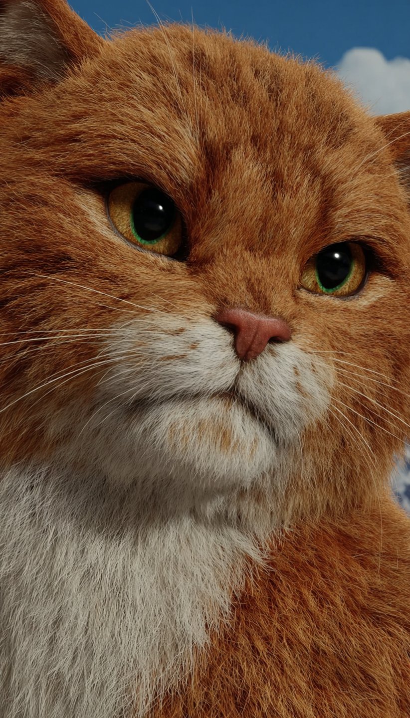 Extreme close-up of a ginger cat with green eyes looking upward against a clear blue sky background.
