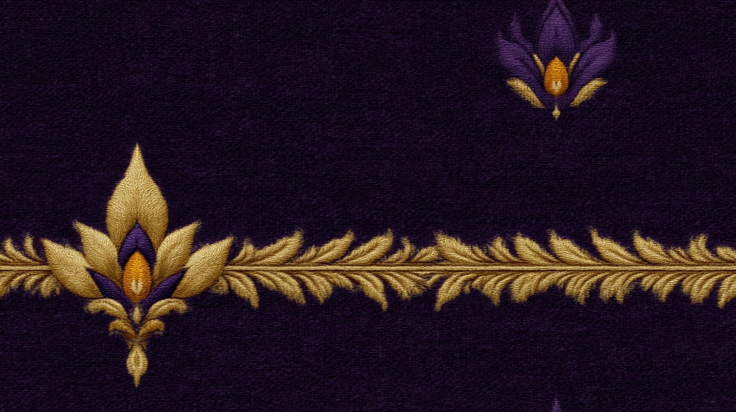 Ornate gold and purple embroidery on dark purple velvet fabric featuring a central floral crest and horizontal border.