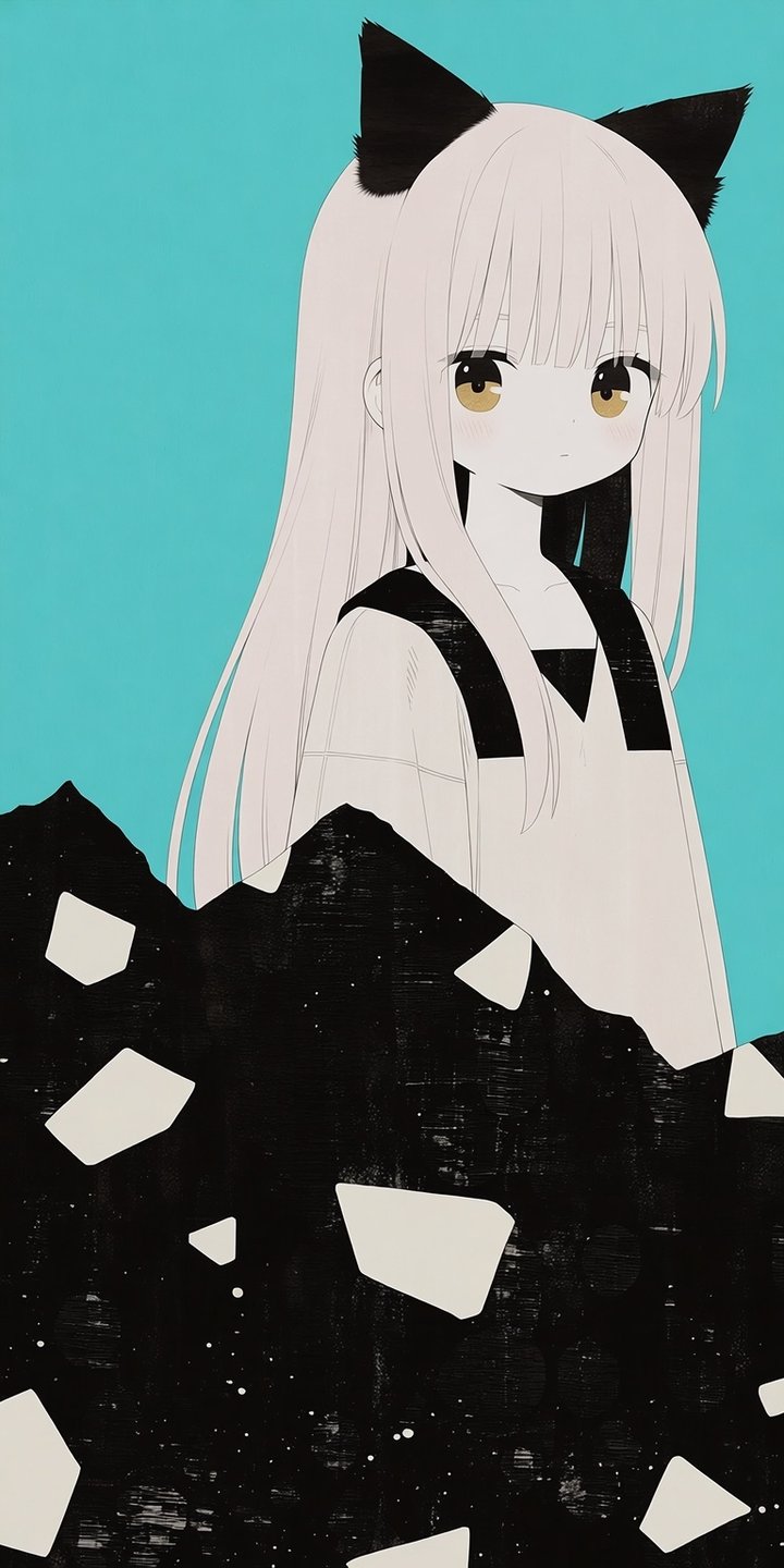 Stylized anime girl with cat ears and long white hair against a teal background with black foreground.