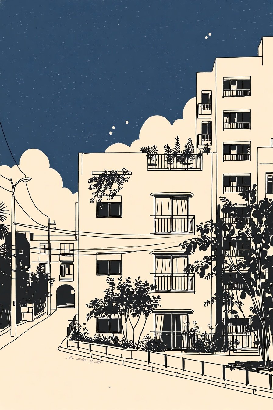 Minimalist illustration of cream-colored apartment buildings and power lines under a dark blue starry night sky.