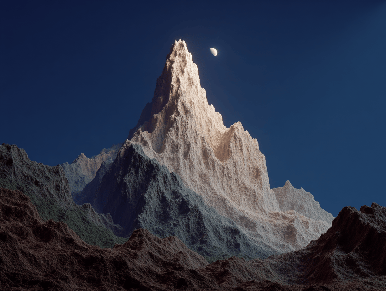 Tall ivory mountain peak with jagged textures under a dark sky and a small crescent moon.