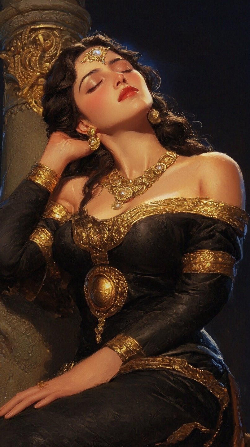 Woman in ornate black and gold gown reclining against a gilded pillar with eyes closed in repose.