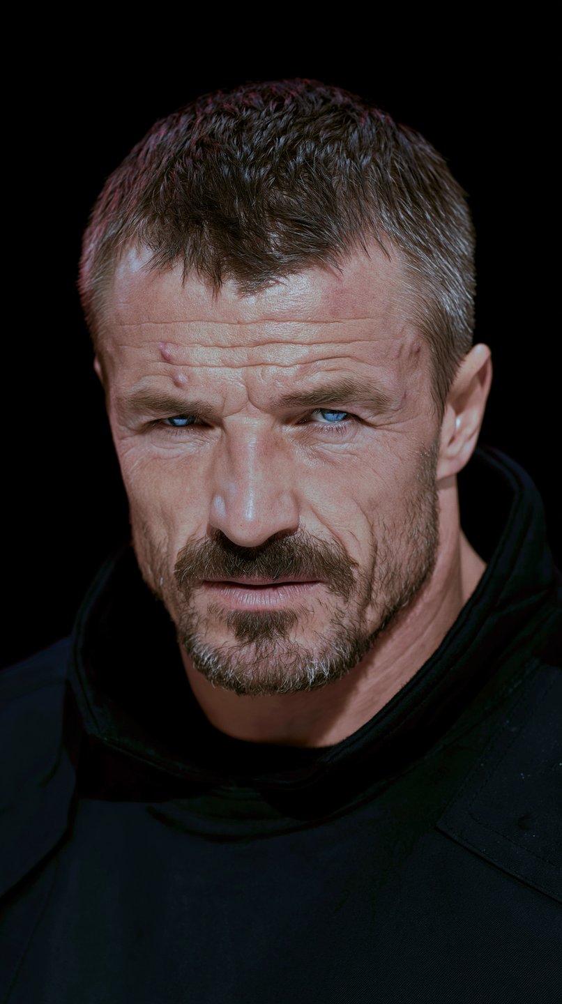 Close-up portrait of a weathered man with intense blue eyes and a beard against a black background.