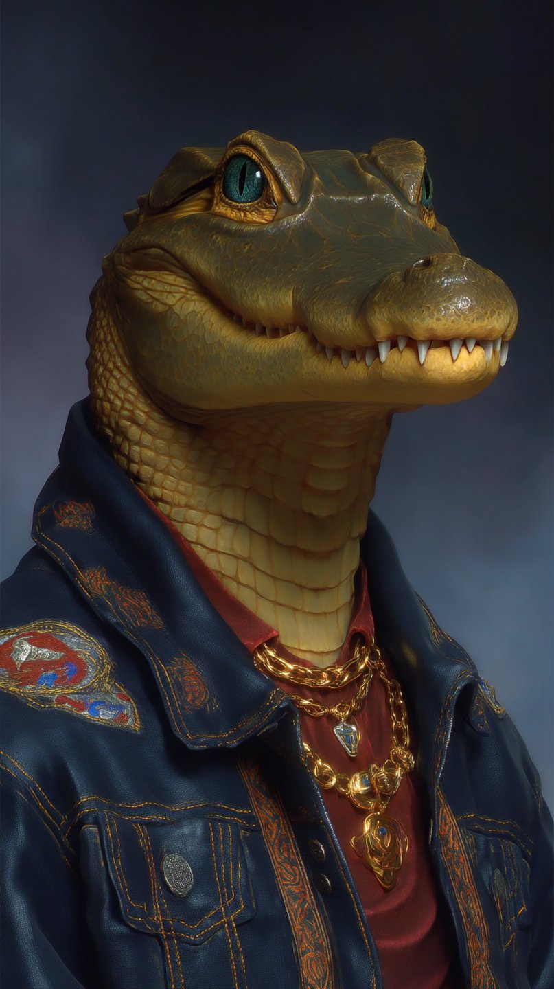 Anthropomorphic alligator with green scales smiling confidently while wearing a denim jacket and heavy gold chains.