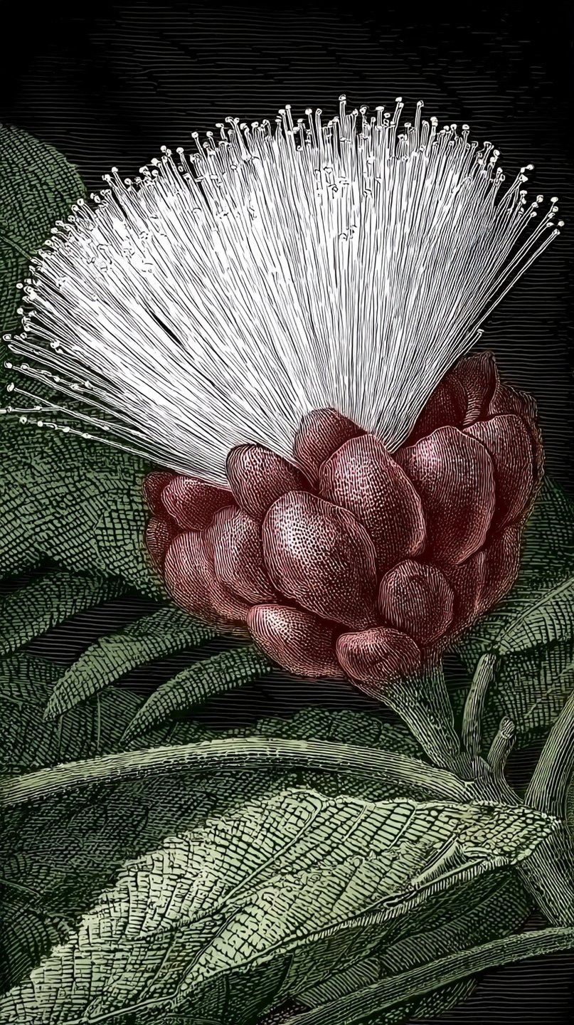 Detailed botanical engraving of a white brush-like flower emerging from a red base against dark leaves.