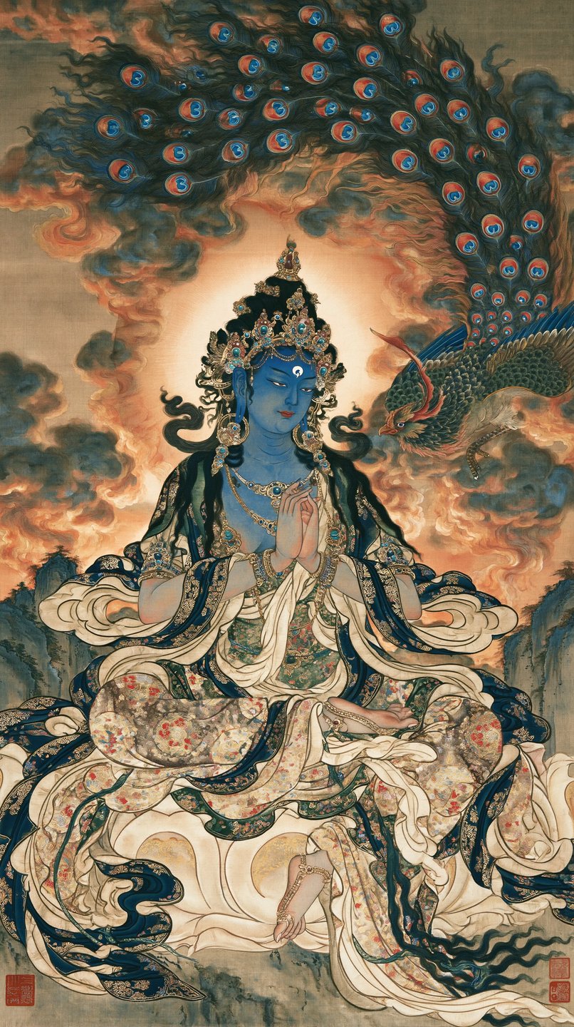 A blue-skinned Buddhist deity sits in meditation beneath a magnificent peacock canopy amidst swirling orange clouds.