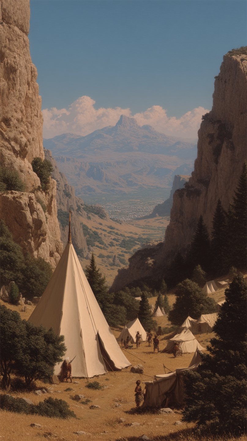 Nomadic canvas tents nestled in a steep mountain pass overlooking a hazy valley and distant blue peaks.