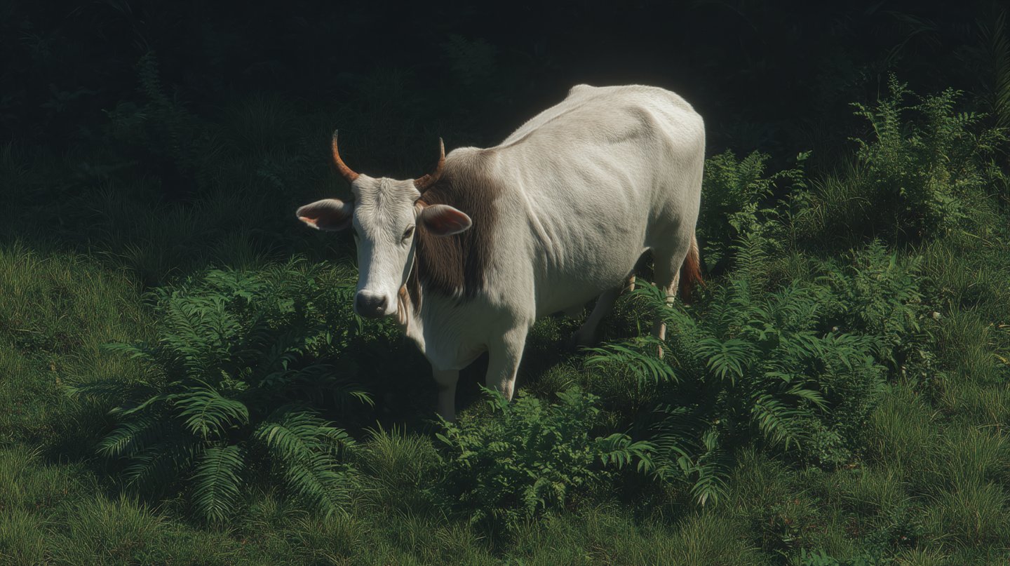 White cow with horns stands in a field of green ferns illuminated by dramatic dappled sunlight.