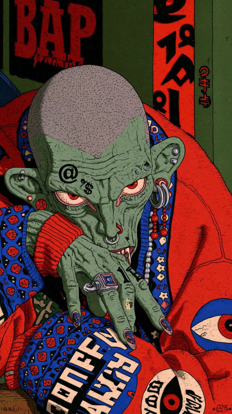 Green-skinned punk character with facial tattoos and piercings rests his hand on his chin in defiance.
