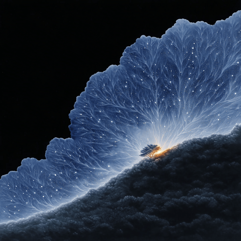 A solitary tree stands on a dark hill before a giant, glowing blue fractal canopy filled with stars.