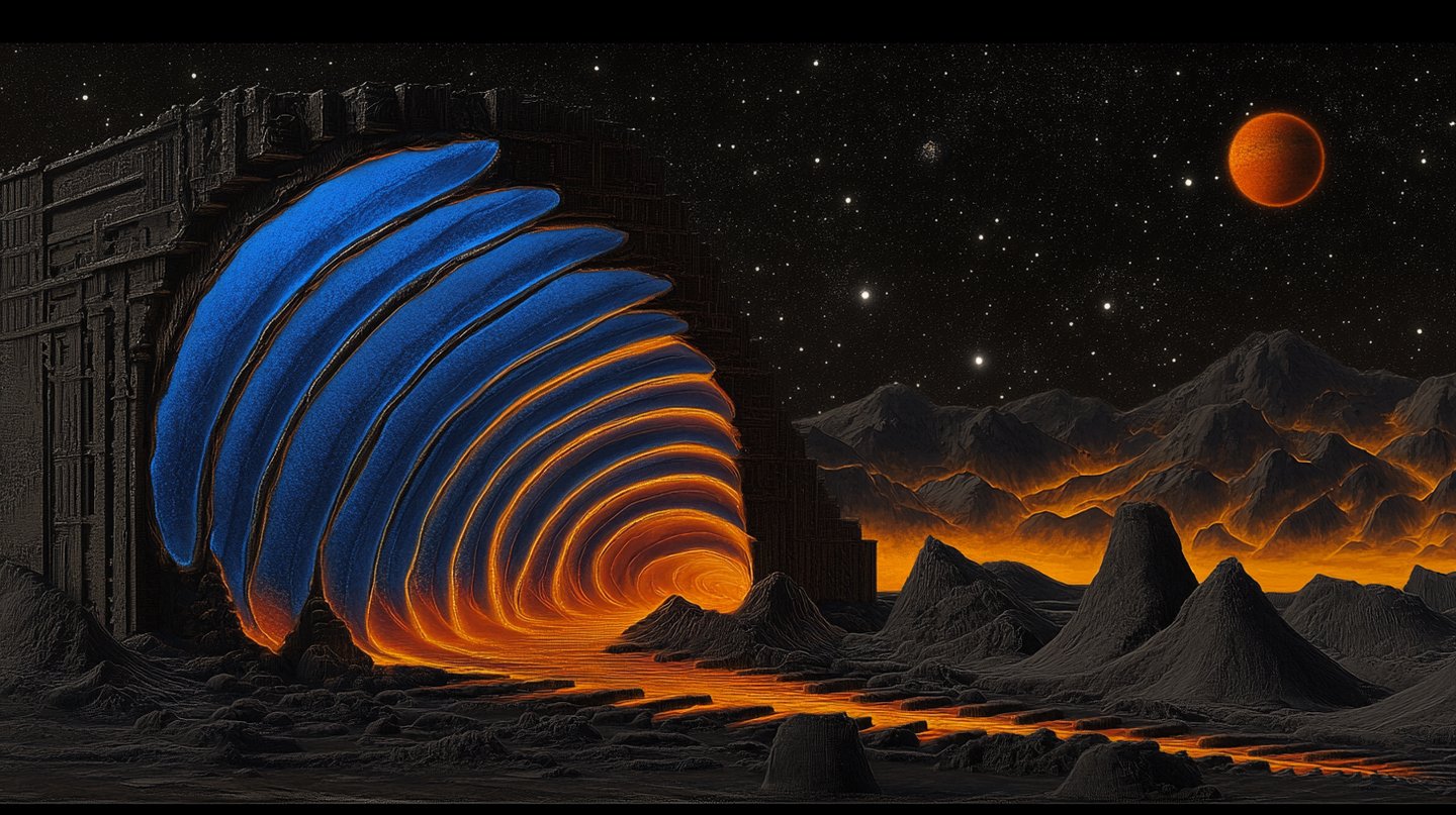 Glowing blue and orange portal set into a dark monolithic structure on a volcanic alien planet under stars.