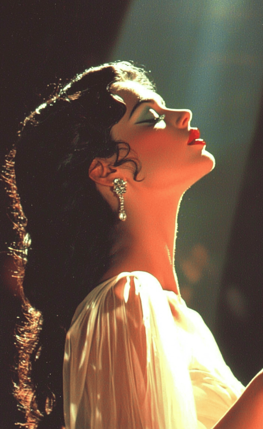 Profile of a woman with red lips and vintage hair looking up into a bright dramatic spotlight.