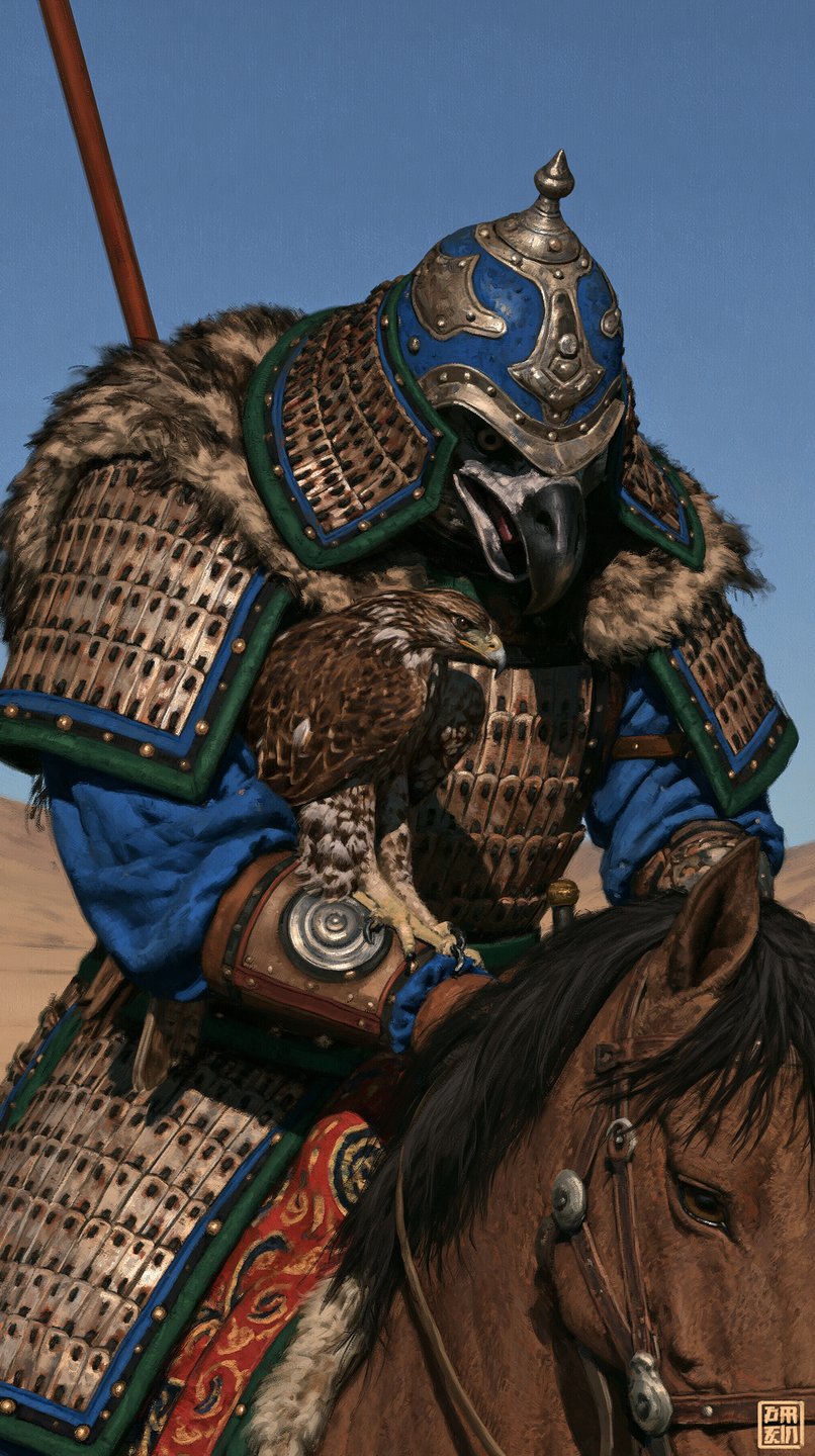 Anthro avian warrior in ornate lamellar armor rides a horse while holding a perched falcon.