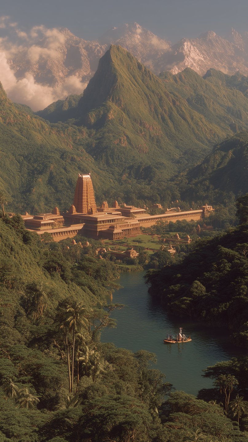 Large ancient temple complex in a lush green valley between high mountains with a river and boat.