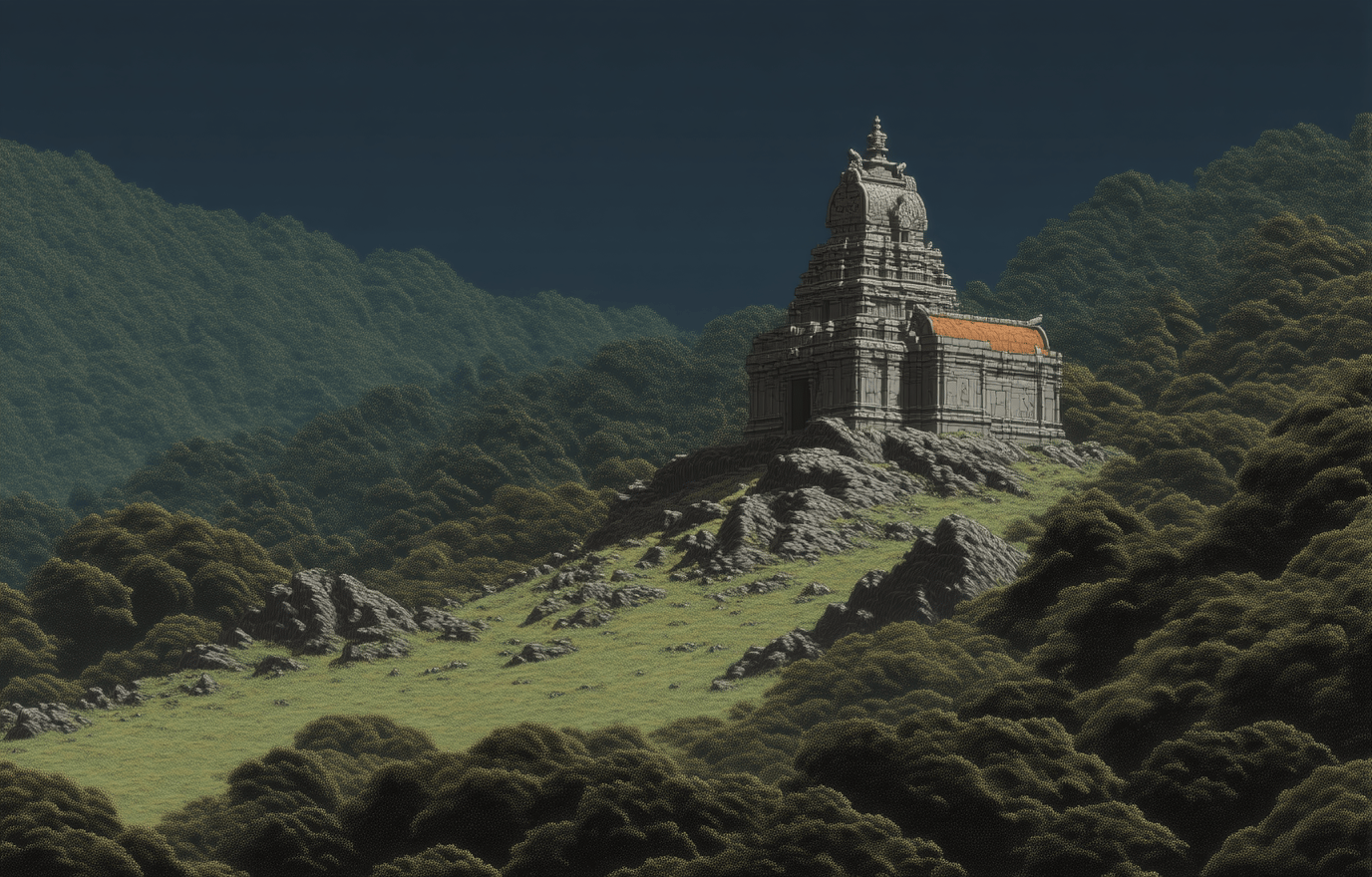 Ancient stone temple with an orange roof perched on a rocky green hill overlooking a dense forest.
