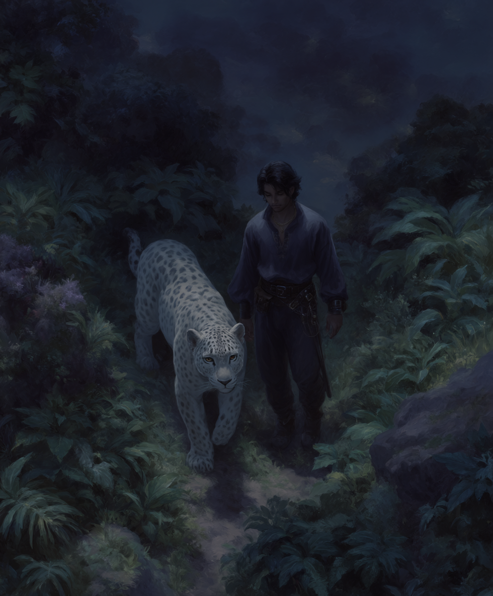 A young man and a white leopard walk together through a dark, lush tropical forest at night.