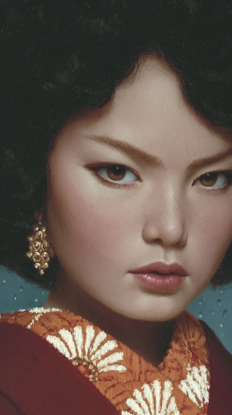 Close-up portrait of a young East Asian woman with curly hair and an intense gaze behind glass.