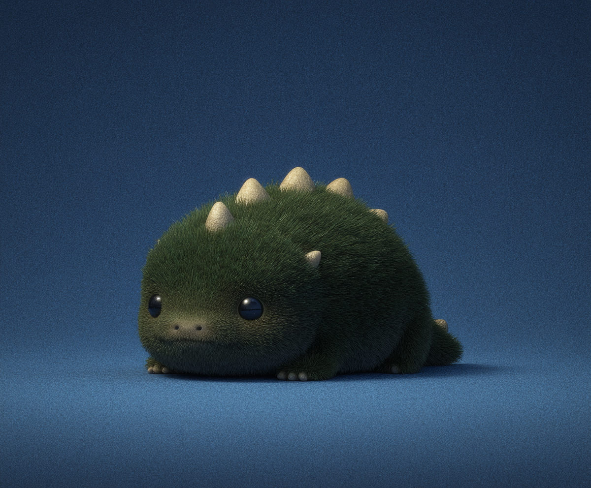 Small furry green creature with cream spikes and large black eyes sits on a blue textured surface.