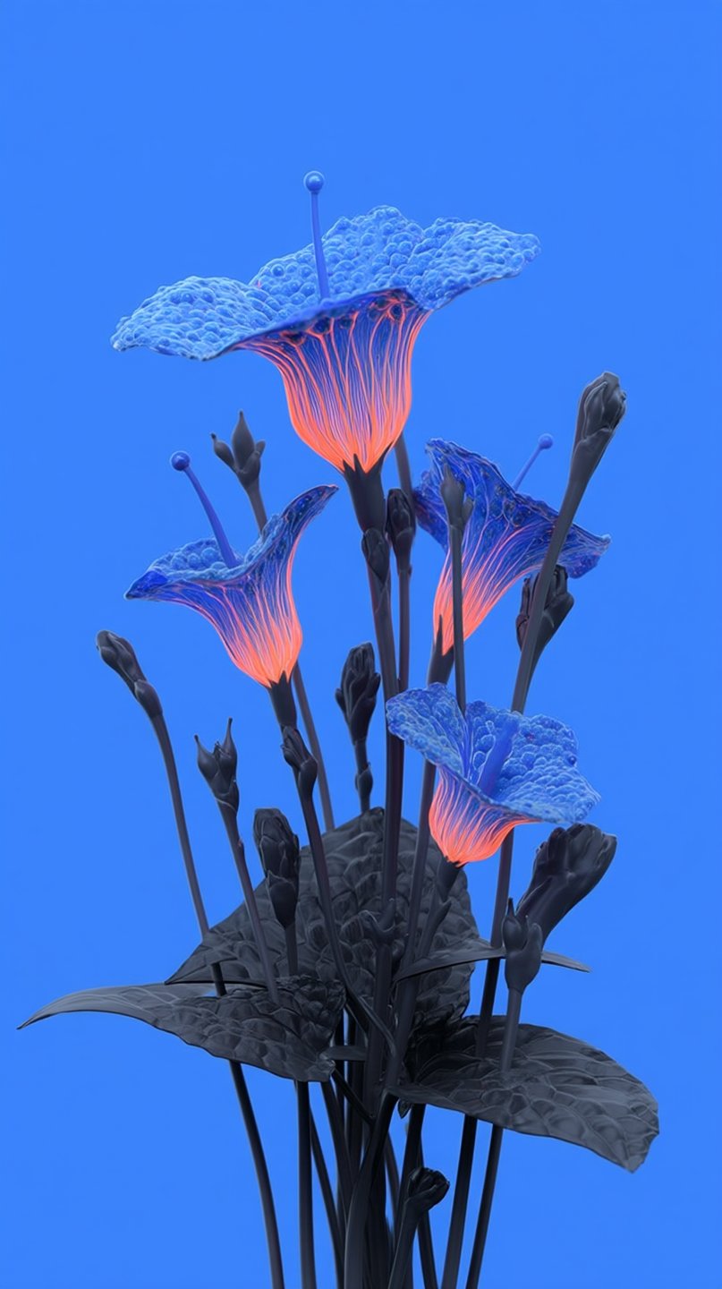 Bioluminescent blue trumpet-shaped flowers with glowing orange interiors and dark matte leaves against a solid blue background.