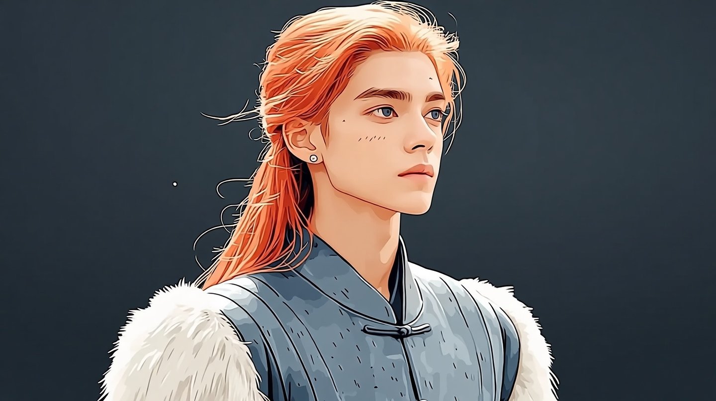Young male anime character with long copper hair and white fur-trimmed tunic gazing thoughtfully off-camera.