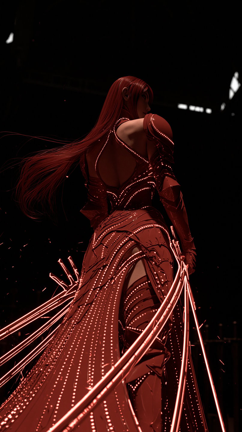 Low-angle back view of a female warrior with long red hair wearing glowing red cybernetic armor.
